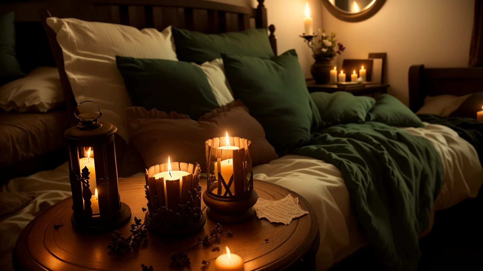 A lit candle on a table in a bedroom with a bed, Cozy candlelight, Candlelit, room full of candles, Natural candle lighting, Cozy atmosphere, Cozy and quiet atmosphere, Cozy atmosphere, Cozy atmosphere, Cozy and calm, Light a candle, Cozy atmosphere, Dark tones and candlelight, Romantic atmosphere, Romantic atmosphere, Home Wicca Scene