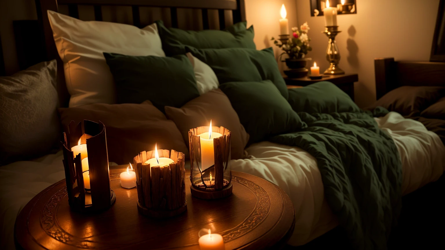 A lit candle on a table in a bedroom with a bed, Cozy candlelight, Candlelit, room full of candles, Natural candle lighting, Cozy atmosphere, Cozy and quiet atmosphere, Cozy atmosphere, Cozy atmosphere, Cozy and calm, Light a candle, Cozy atmosphere, Dark tones and candlelight, Romantic atmosphere, Romantic atmosphere, Home Wicca Scene