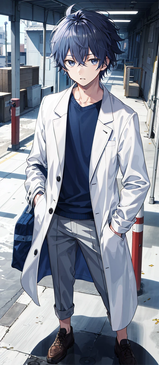 1 boy, 30 years old, full body, messy hair, indigo hair, short hair, researcher, white coat, from front,