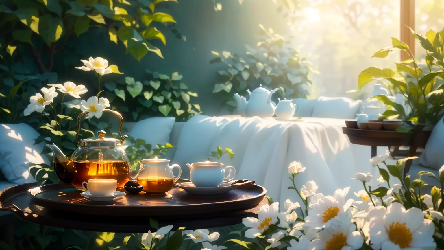 There is a tray with a teapot and cups on it., summer Morning light, Cozy cafe background, radiant Morning light, Relaxed atmosphere, soft Morning light, sunny Morning light, Morning sunlight, Morning atmosphere, Morning light, Beautiful atmosphere, cinematic Morning light, Peaceful atmosphere, Warm and fun atmosphere, cozy and Peaceful atmosphere, Peaceful atmosphere, Afternoon sunshine