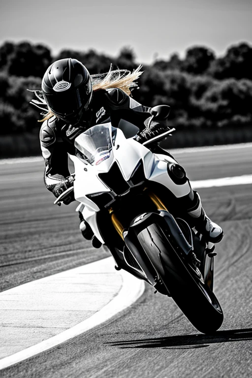Arafed woman riding a motorcycle on a track black and white silhouette racing honda cbr long hair in wind side view