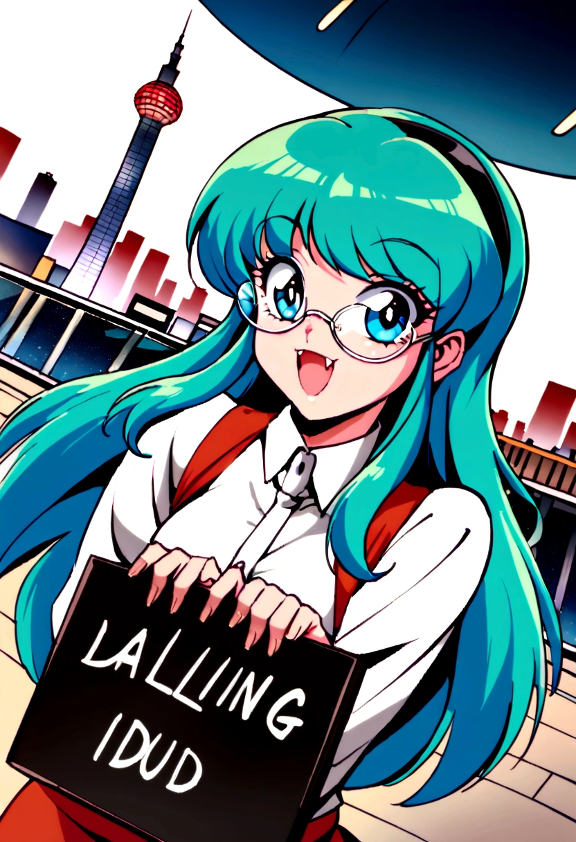 score_9, score_8_up, score_7_up, lum, retro artstyle, 1980s style, blue eyes, eyeshadow, green hair, long hair, bangs, aqua hair, dynamic angle, large round clear aviator glasses, (holding a sign with, text as "DARLING, you idiot!", style_bebas:1.2), looks at the viewer menacingly, aim your hands at the viewer, shoots lightning at the viewer, shocks the viewer with electricity, bares her fangs, Revolving Restaurant, China Central Television Tower, Beijing background, ExpressiveH