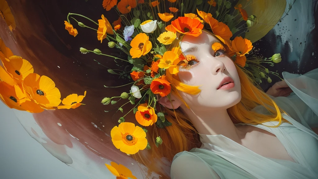 32k, Masterpiece, Highest quality, One girl, Detailed eyes, flower,Iceland Poppy, Orange and yellow style,A dreamy, romantic piece,Pale yellow, Mysterious Leaves,A playful arrangement,Fantasy,High Contrast,Ink strokes,explosion,Exposure, Impression of orange and yellow tones,Abstract,((Watercolours by John Berkey and Jeremy Mann )) Brush strokes,Negative Space, Tyndall effect,
