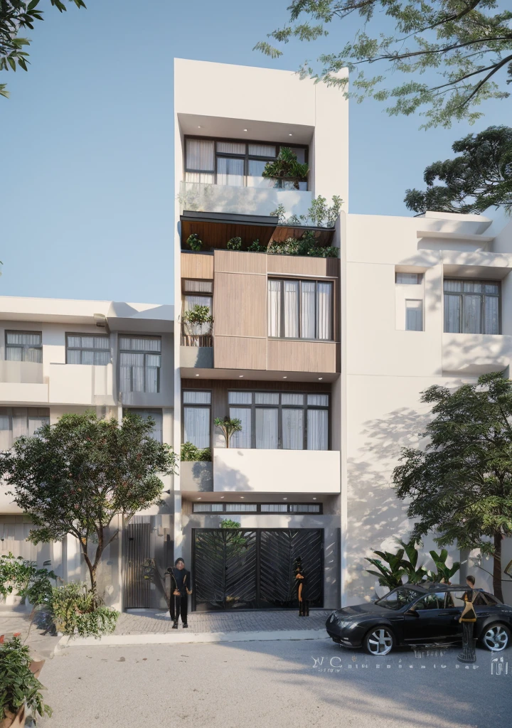 Townhouse in city, daylight,warm light, (sharp focus) front view of townhouse in style of modern, VietNam ,mutual colours, soft lighting, warm atmosphere,high Resolution, hyper detailed,4k ,vray render, hyper realistic,exterior design , professional photography, exterior photography,wide-angle shot , ultra detail , high Resolution . all of doors and windows are made by Xingfa . have many trees , ivys, palms on the bancony. black iron frame . human and girl on the pavement. wooden ceiling. ceiling light.black iron gate.