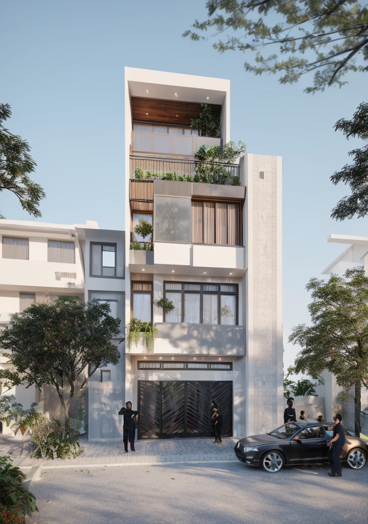 Townhouse in city, daylight,warm light, (sharp focus) front view of townhouse in style of modern, VietNam ,mutual colours, soft lighting, warm atmosphere,high Resolution, hyper detailed,4k ,vray render, hyper realistic,exterior design , professional photography, exterior photography,wide-angle shot , ultra detail , high Resolution . all of doors and windows are made by Xingfa . have many trees , ivys, palms on the bancony. black iron frame . human and girl on the pavement. wooden ceiling. ceiling light.black iron gate.