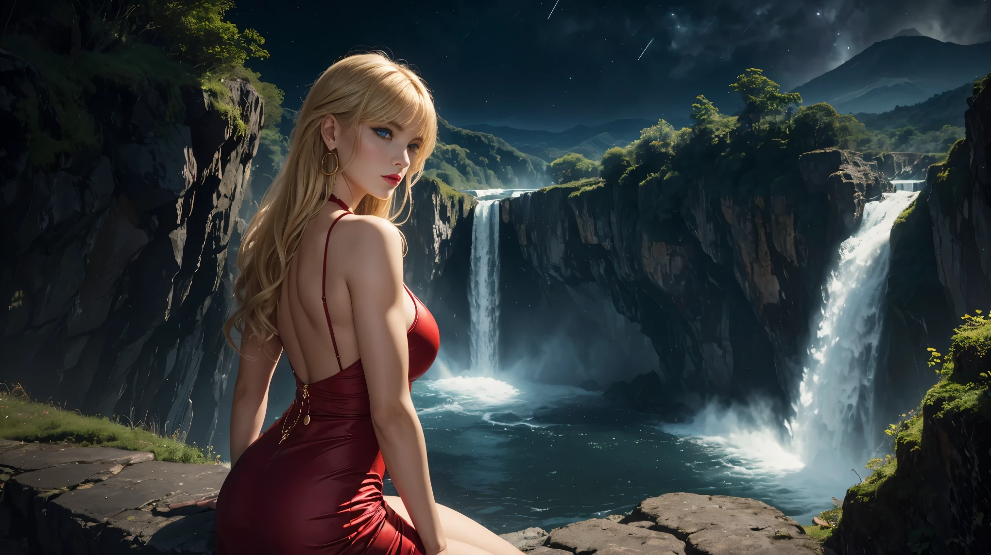 In an 8k resolution photo, a stunning Transylvanian woman with a perfect physique, blonde hair flowing down her back like a river of gold and piercing blue eyes takes center stage at the edge of a huge waterfall overlooking the  valley.  Her features are accentuated by bright red lipstick and large gold hoop earrings.  Round bangs frame her face as she sits confidently (facing the camera). She wears an elegant short red dress that shows off her perfect body.

The high-angle shot captures the grandeur of the majestic waterfall's peak, with the woman situated at its edge, overlooking a breathtaking valley.  The deep view expands to reveal a fusion of lush jungle, waterfall, river, volcano and lava flow amidst the darkness, as if the very forces of nature have converged in this mystical realm in (the dark night:1.5).