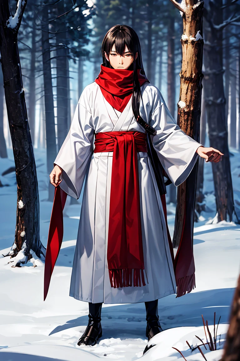 Asian man z wears a white kimono, a red scarf, two katanas and several blades around a strap, black hair, red eyes, long hair, thin man, Medieval forest background, the trees are frozen.