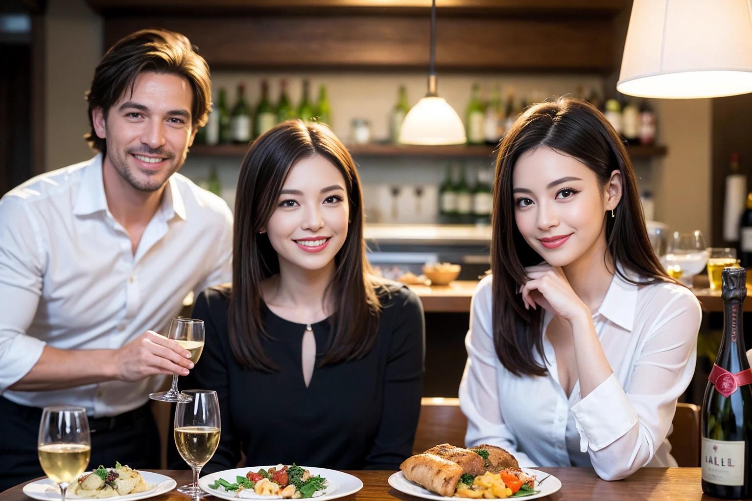 ((Highest quality、8K、masterpiece:1.3))、1 male 1 female、Slim lover、Beautiful couple、Smile、full-course dinner、 (Slim face), (the body is スリム), (Brown Hair), (Shortcuts), ((Bob Hale、Straight hair:1.2)), テーブルの上のwine glass、Shine light on your face、 Amazing view of the sunset sky and clouds、The beauty of a smile、Bright image、Blushing, Shortcuts, (43 years old), 39 years old, Appetizers、Italian food、Wine bottle、Champagne、sparkling wine、Long sleeve shirt、dress、Attractive beauty、restaurant, Nova Frog Style, actress, model, Upper Body, White wine, red wine, wine glass,