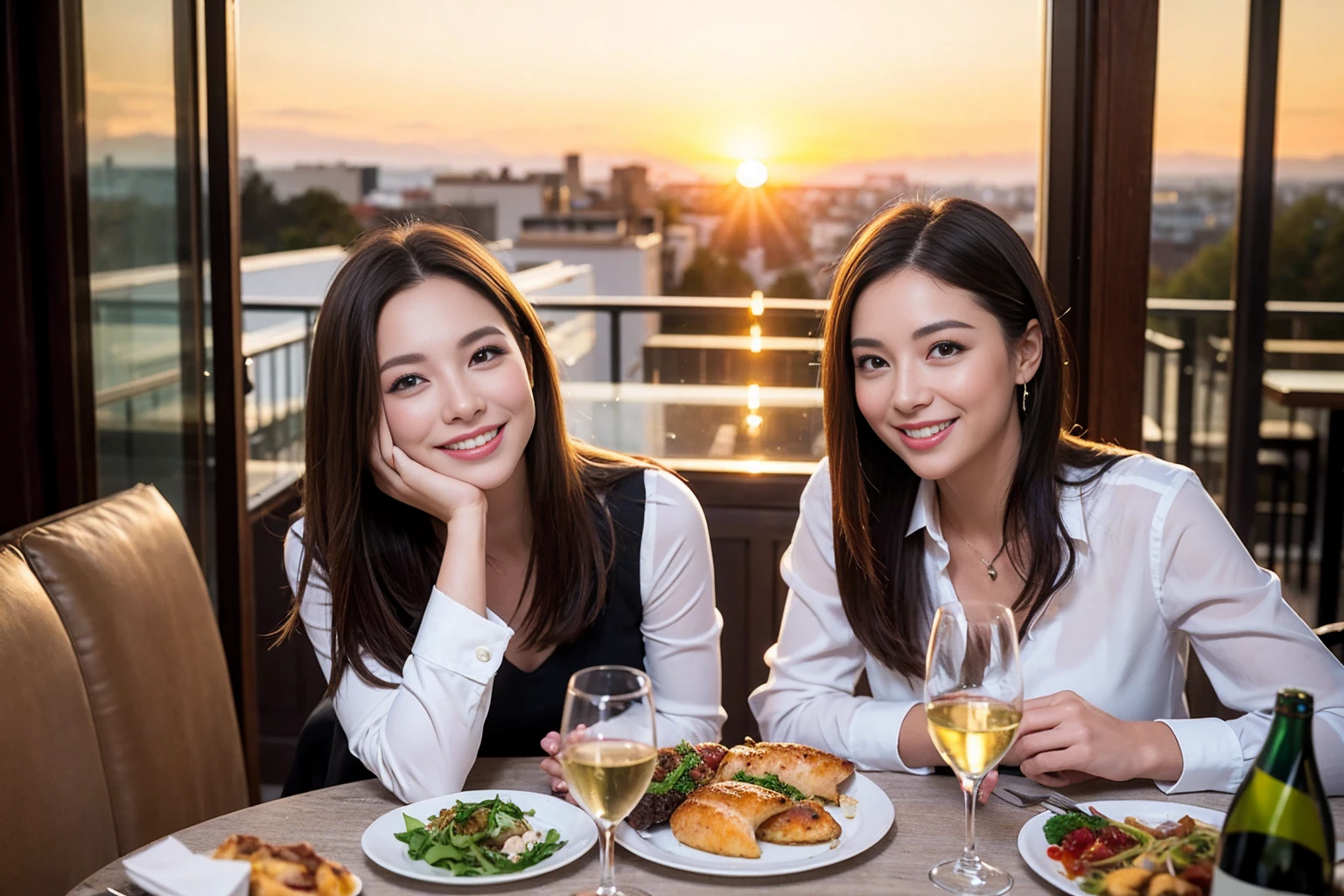 ((Highest quality、8K、masterpiece:1.3))、1 male 1 female、Slim lover、Beautiful couple、Smile、full-course dinner、 (Slim face), (the body is スリム), (Brown Hair), (Shortcuts), ((Bob Hale、Straight hair:1.2)), テーブルの上のwine glass、Shine light on your face、 Amazing view of the sunset sky and clouds、The beauty of a smile、Bright image、Blushing, Shortcuts, (43 years old), 39 years old, Appetizers、Italian food、Wine bottle、Champagne、sparkling wine、Long sleeve shirt、dress、Attractive beauty、restaurant, Nova Frog Style, actress, model, Upper Body, White wine, red wine, wine glass,