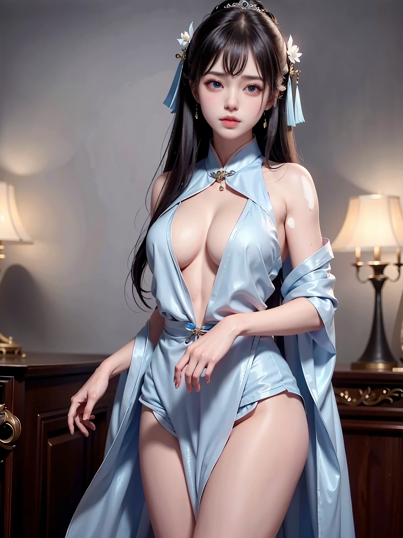 Wet-breasted Hanfu  dynasty open V-chested clothes royal, All pictures, Wet body of thin silk fabric, nude,princess 8 yeald old cute, (huge ，cleavage),petticoat, white pink, blue ，best qualtiy，tmasterpiece，Ultra-high resolution，（Reality：1.4），RAW photogr，（True skin texture：1.3），（filmgrain：1.3），（Selfie angle），1个Giant Breast Girl，Beautiful eye and face details，tmasterpiece，Best quality at best，exposing thighs，Bigchest，The chest is more exposed， detailed hair，above looking down facing at camera,short dressPrincess Eyes,Super big eyes,Detailed face,shiny pupils, naked