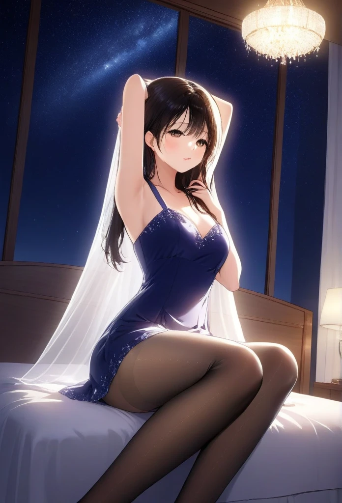 (((1 girl)),Ray tracing,(Dim Lights),[Detailed background (bedroom)),((Slim Girl))) Starry sky background,((((Girls wear dresses, With transparent stockings), Show off your exquisite figure and graceful curves, correct limbs, Sitting on the bed,Put your hands behind your head, Put your hands behind your head
