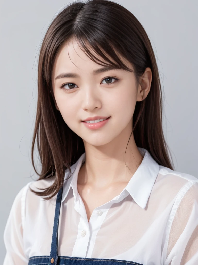raw photo, 1girl, cute face, beautiful face, medium breast, collared blouse, White blouse, light smile, Upper body, detailed skin, pore, simple background, photorealistic, anatomically correct, masterpiece, best quality, UHD