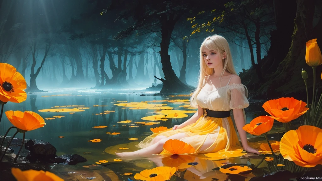 32k, Masterpiece, Highest quality, One girl, Detailed eyes, flower,Iceland Poppy, Orange and yellow style,A dreamy, romantic piece,Pale yellow, Mysterious Leaves,A playful arrangement,Fantasy,High Contrast,Ink strokes,explosion,Exposure, Impression of orange and yellow tones,Abstract,((Watercolours by John Berkey and Jeremy Mann )) Brush strokes,Negative Space, Tyndall effect,