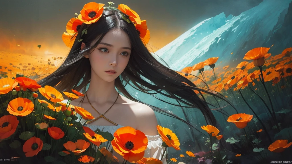 32k, Masterpiece, Highest quality, One girl, Detailed eyes, flower,Iceland Poppy, Orange and yellow style,A dreamy, romantic piece,Pale yellow, Mysterious Leaves,A playful arrangement,Fantasy,High Contrast,Ink strokes,explosion,Exposure, Impression of orange and yellow tones,Abstract,((Watercolours by John Berkey and Jeremy Mann )) Brush strokes,Negative Space, Tyndall effect,