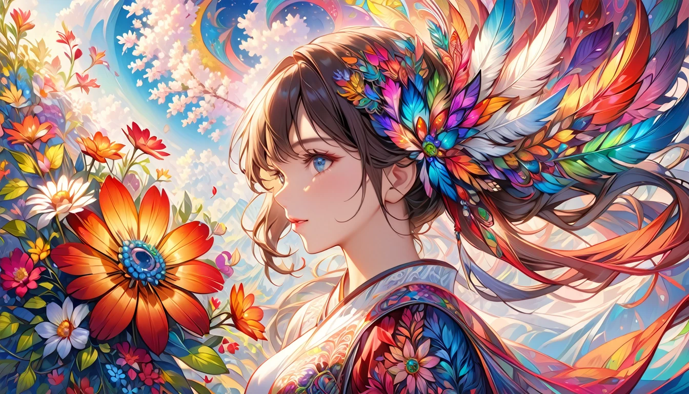 masterpiece,top quality,best quality,official art,beautiful and aesthetic,(1girl:1.2),extremely detailed,(fractal art:1.1),colorful,flowers,highest detailed,zentangle,abstract background,shiny skin,many colors,feathers,