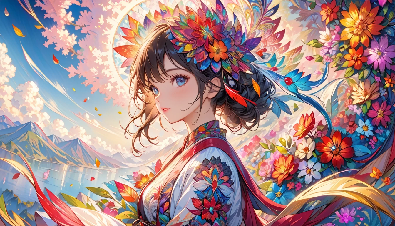 masterpiece,top quality,best quality,official art,beautiful and aesthetic,(1girl:1.2),extremely detailed,(fractal art:1.1),colorful,flowers,highest detailed,zentangle,abstract background,shiny skin,many colors,feathers,