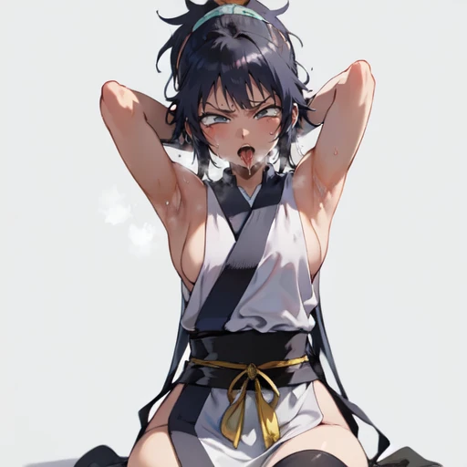1girl, (ahegao), (masterpiece:1.3), (high resolution), (8K), (extremely detailed), (4k), (pixiv), perfect face, nice eyes and face, (best quality), (super detailed), detailed face and eyes, (solo), textured skin, absurdres, highres, wzkomachine, white eyes, Small breasts, sash, bike shorts, short sleeves, bangs, black gloves, fingerless gloves, long hair, black hair,ponytail, japanese clothes, kimono, sitting on floor, looking at viewer,Nipple exposure,Sexy, flirtatious, Solitary, eternity, - Hip vents, No underwear,No eyeballs, Also available in black, low twin braids,Facing the audience, looking at the audience, tired, from below, (Exposed armpit:1.1), ((armpit:1.2)), sexy, Sweating, More and more sweat,(ahegao), (Roll your eyes), Naughty face, blush, open mouth, Sticking out tongue, saliva, Slobber,Skinny, raise arms, (arms above head:1.5)