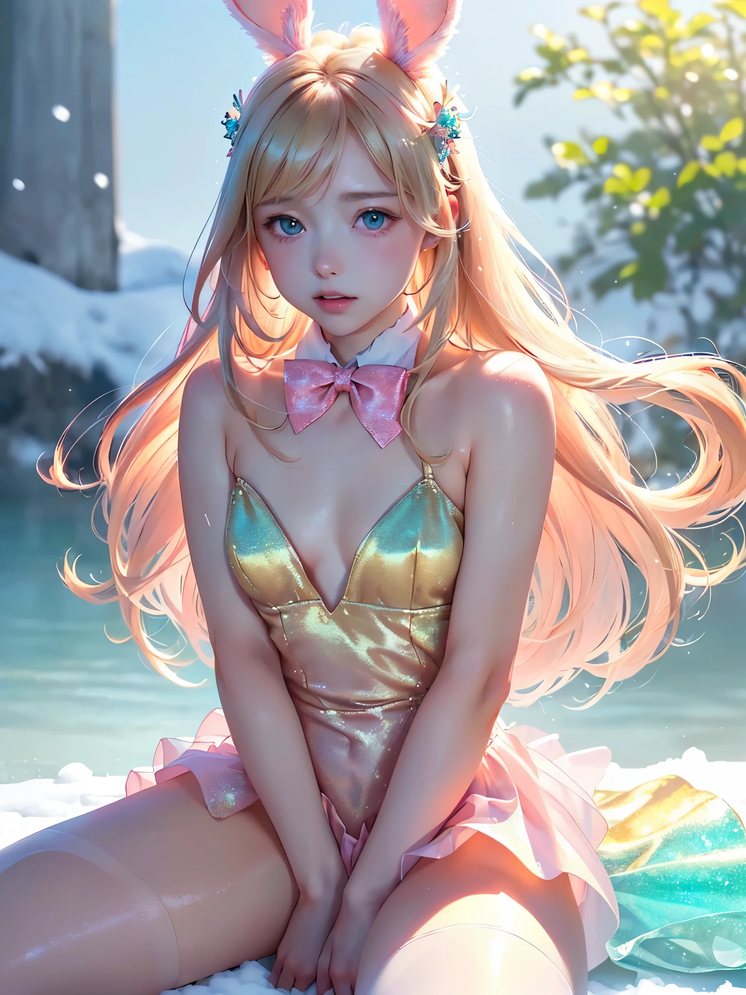 masterpiece, best quality, extremely detailed CG unity 8k wallpaper, (Upper Body head close-up shot of a beautiful  girl), , Elegant Long straight blonde hair, (Mckenna Grace), (flat chest,thighs), (pink-Cyan) golden (Glittering tutu,long Bunny Ear Headgear, , , No panties, genitals visible), (spread legs), (Blush), oil skin, (seductive smile), (Wonderland), pretty face, key art, award winning, intricate detail realism hdr, by (ruan jia and artgerm and range murata), Photorealism, Hyperrealism, ultra realistic, dramatic light, intense shadows, gorgeous view, depth of field
 
