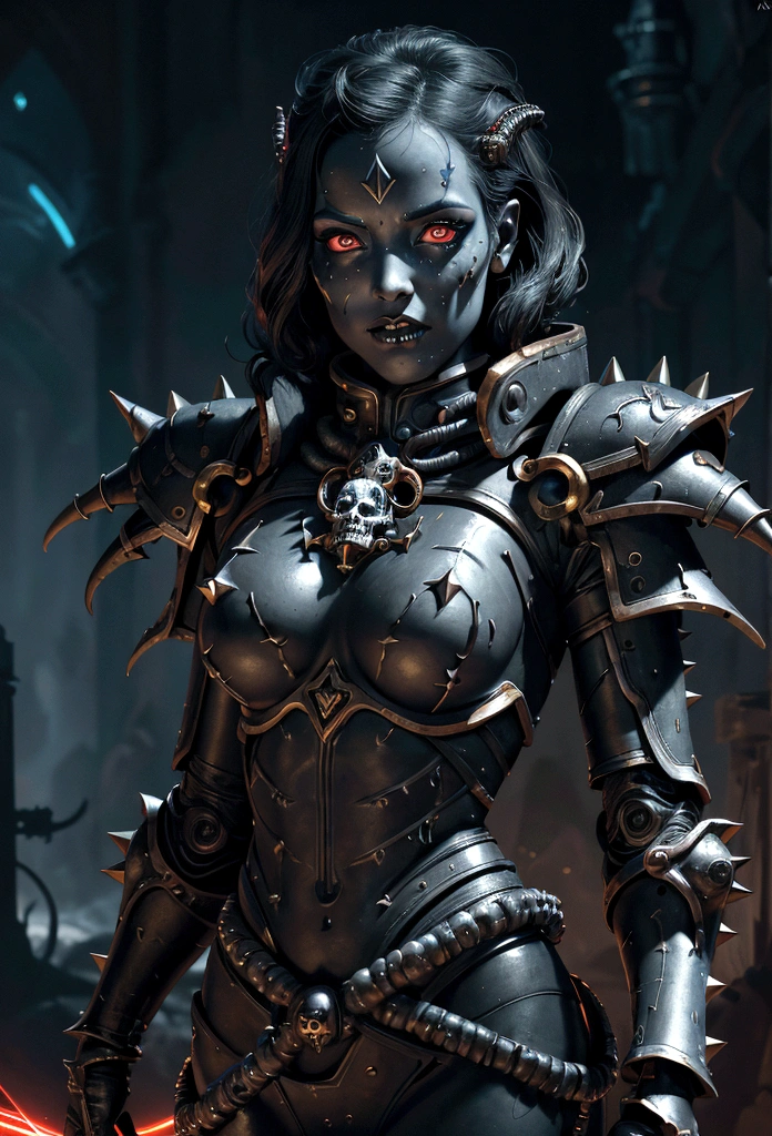 a gorgeous adepta sororitas from the movie tron, glowing skull armor, spikes, teeth, monster, dirty tentacles, pus pimples, cracked truenurgle, detailed face and eyes, beautiful lips, extremely detailed, 1girl, oil painting, concept art, dark fantasy, cinematic lighting, dramatic shadows, vibrant colors, moody atmosphere, hyper detailed, 8k, photorealistic
