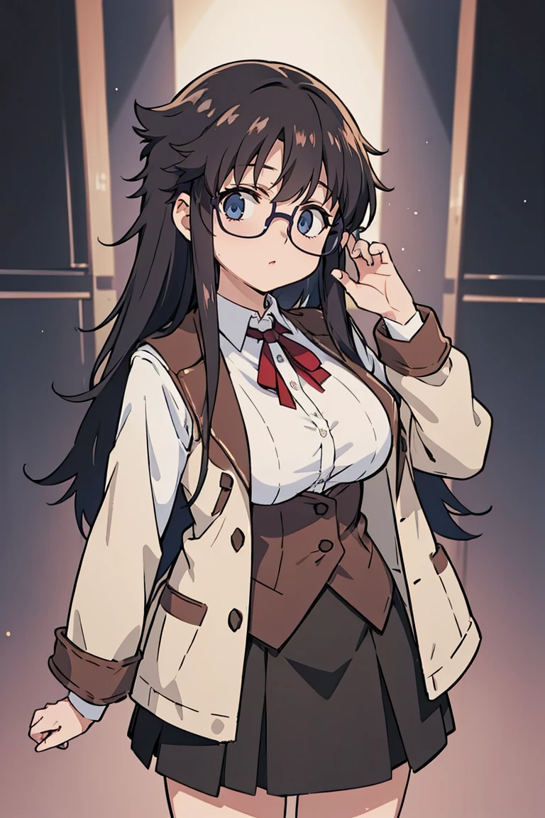 YR, 1girl, solo, upper body, portrait, sticker blush, smile, looking at viewer, glasses, long skirt, coat, vest, ribbon, long sleeves, messy hair, fine detail, perfect quality, good quality, masterpiece, HDR, UHD full body, refsheet, flipflops,  huge breast, thigh　ミニスカート　mini skirt　micro skirt　ミニスカート　mini skirt　micro skirt　ボトムを持ち上げる