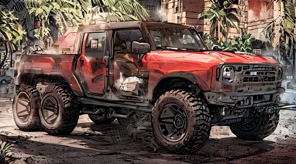 ((Best Quality)), ((masterpiece)), Highly detailed, 8K, red 6x6 heavy pickup truck, red dirty matte paint, boxy angles, boxy 80s design, ((2 pairs of back wheels:1.3)), bright showroom, cel-shaded, line art, bold black outlines, comic style, inkpunk, bright photoshoot lighting, ((isometric symmetry:1.2))