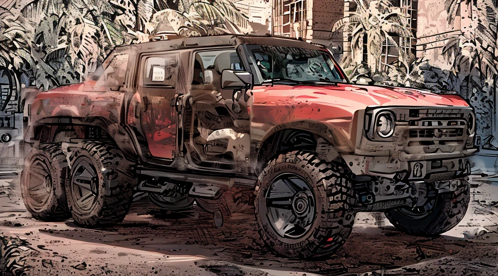 ((Best Quality)), ((masterpiece)), Highly detailed, 8K, red 6x6 heavy pickup truck, red dirty matte paint, boxy angles, boxy 80s design, ((2 pairs of back wheels:1.3)), bright showroom, cel-shaded, line art, bold black outlines, comic style, inkpunk, bright photoshoot lighting, ((isometric symmetry:1.2))