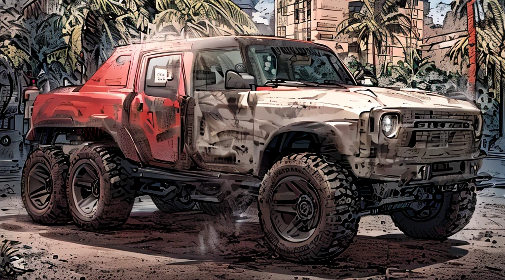 ((Best Quality)), ((masterpiece)), Highly detailed, 8K, red 6x6 heavy pickup truck, red dirty matte paint, boxy angles, boxy 80s design, ((2 pairs of back wheels:1.3)), bright showroom, cel-shaded, line art, bold black outlines, comic style, inkpunk, bright photoshoot lighting, ((isometric symmetry:1.2))