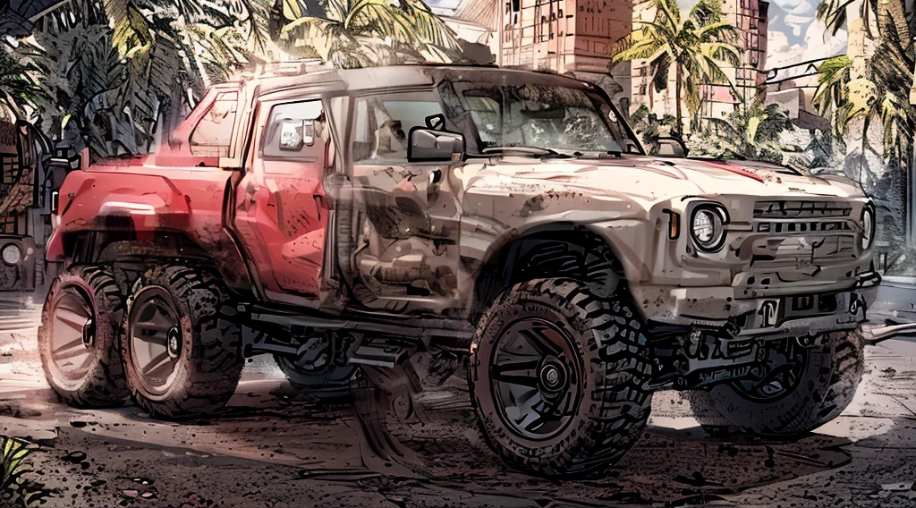 ((Best Quality)), ((masterpiece)), Highly detailed, 8K, red 6x6 heavy pickup truck, red dirty matte paint, boxy angles, boxy 80s design, ((2 pairs of back wheels:1.3)), bright showroom, cel-shaded, line art, bold black outlines, comic style, inkpunk, bright photoshoot lighting, ((isometric symmetry:1.2))