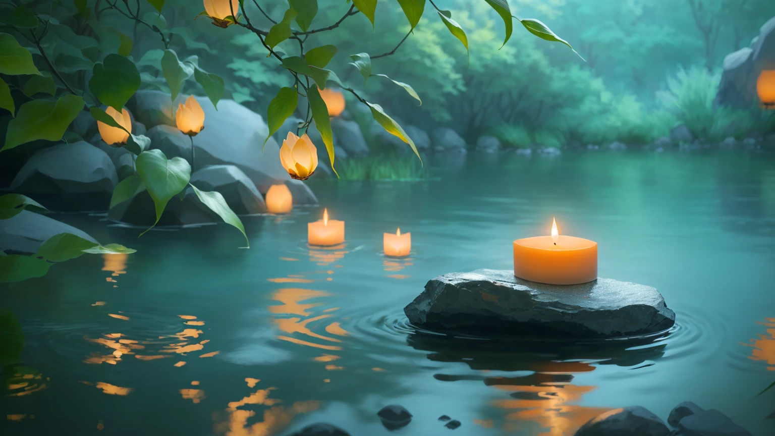 A candle rests on a rock in the water, Peaceful atmosphere, Floating Candles, Calm evening atmosphere, Zen Nature Background, Peaceful and serene, Quiet and peaceful atmosphere, Quiet landscape, Gentle lighting, Peaceful atmosphere, Relaxed atmosphere, Peaceful landscape, Serene landscape, Peaceful environment, Beautiful atmosphere, Tranquility, Quiet environment, Calm and peaceful atmosphere