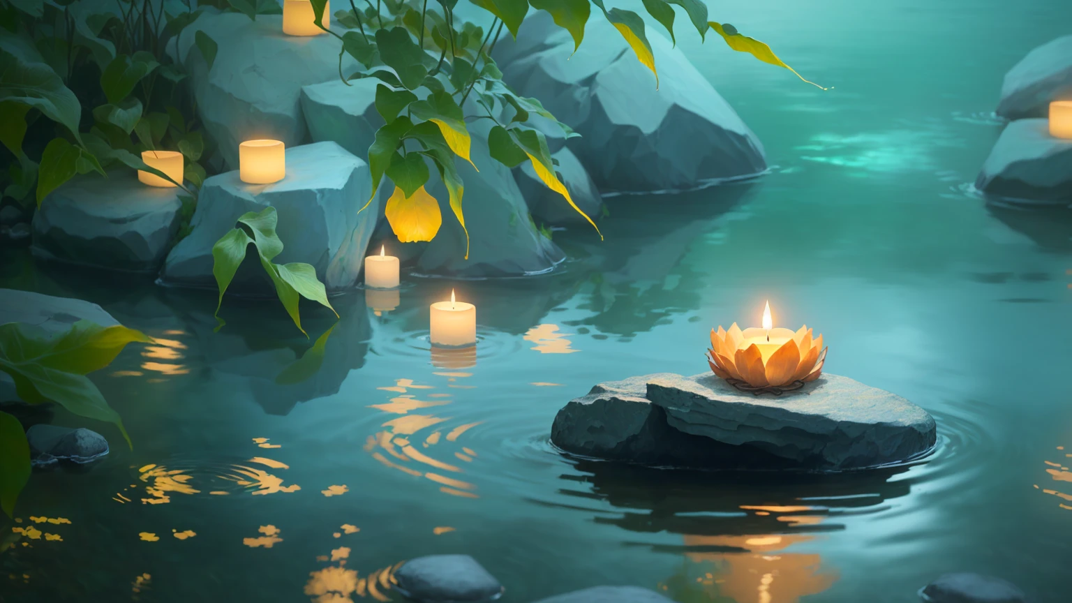 A candle rests on a rock in the water, Peaceful atmosphere, Floating Candles, Calm evening atmosphere, Zen Nature Background, Peaceful and serene, Quiet and peaceful atmosphere, Quiet landscape, Gentle lighting, Peaceful atmosphere, Relaxed atmosphere, Peaceful landscape, Serene landscape, Peaceful environment, Beautiful atmosphere, Tranquility, Quiet environment, Calm and peaceful atmosphere