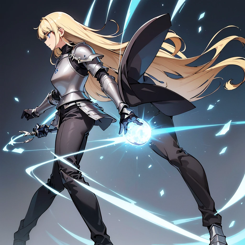 (((Solo)))、(Full body character concept)、Highest quality, Best Quality、(((Gray simple armor、Black trousers))、(woman、18-year-old)、(Blonde、Long Hair)、(Simple Background)、(Expressionless)、(From below)、Glowing blue aura、Intense light、、meteor、Movement angle、(From the side、profile)、Fighting stance、Get Ready