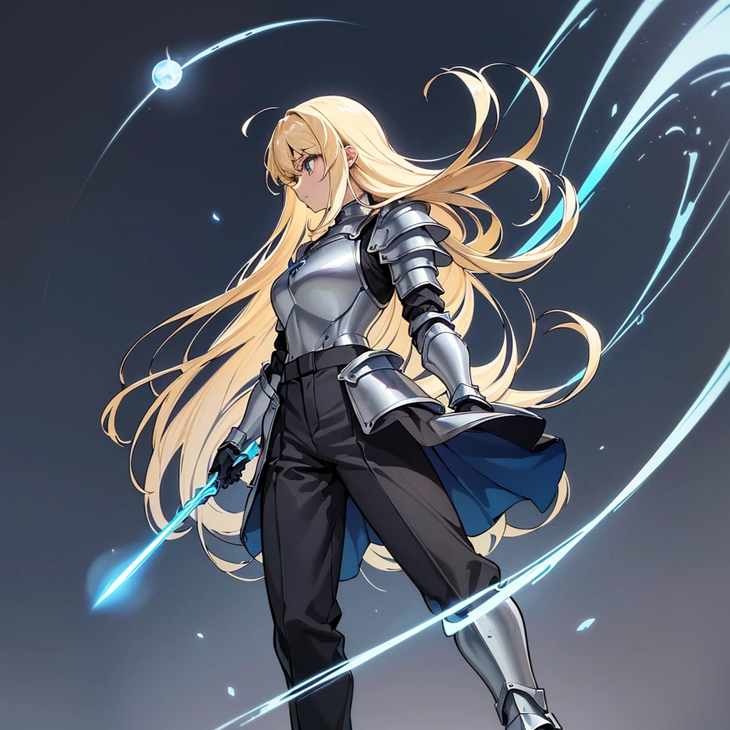 (((Solo)))、(Full body character concept)、Highest quality, Best Quality、(((Gray simple armor、Black trousers))、(woman、18-year-old)、(Blonde、Long Hair)、(Simple Background)、(Expressionless)、(From below)、Glowing blue aura、Intense light、、meteor、Movement angle、(From the side、profile)、Fighting stance、Get Ready