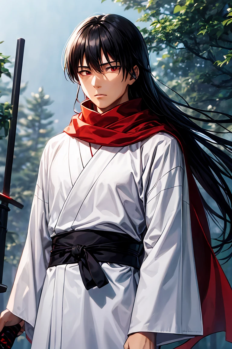 Asian man z wears a white kimono, a red scarf, two katanas and several blades around a strap, black hair, red eyes, long hair, thin man, Medieval forest background, the trees are frozen.