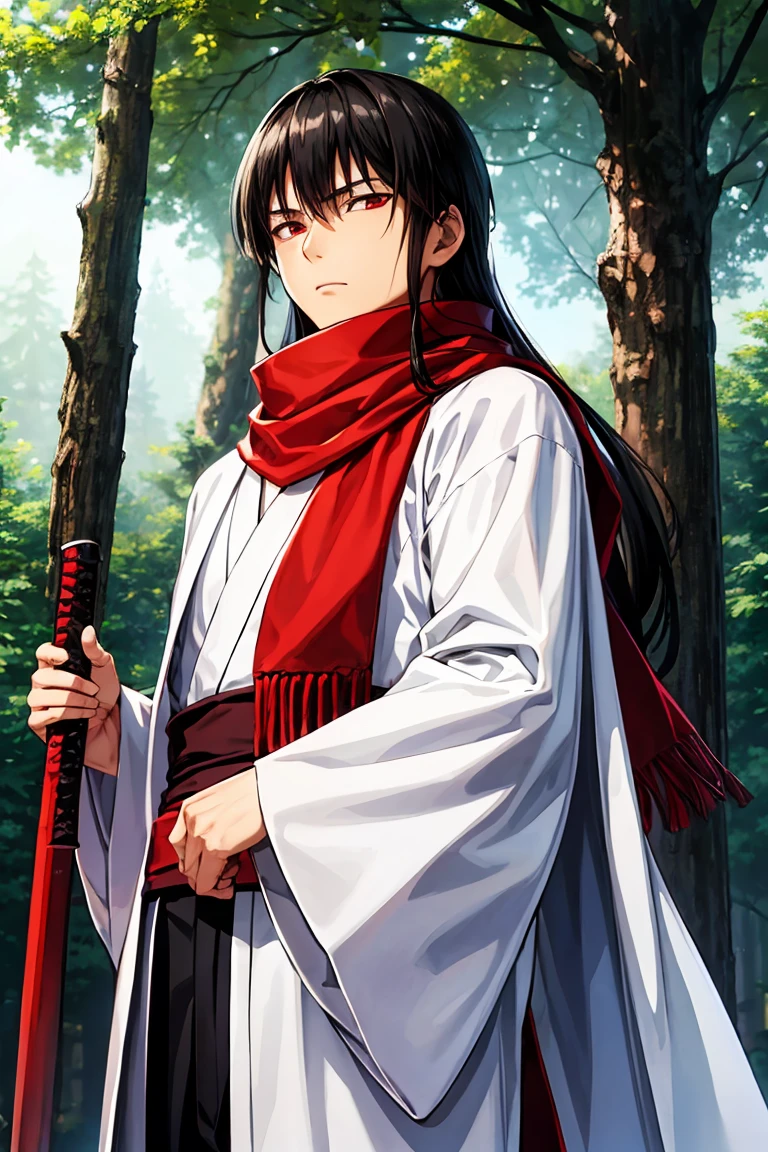 Asian man z wears a white kimono, a red scarf, two katanas and several blades around a strap, black hair, red eyes, long hair, thin man, Medieval forest background, the trees are frozen.