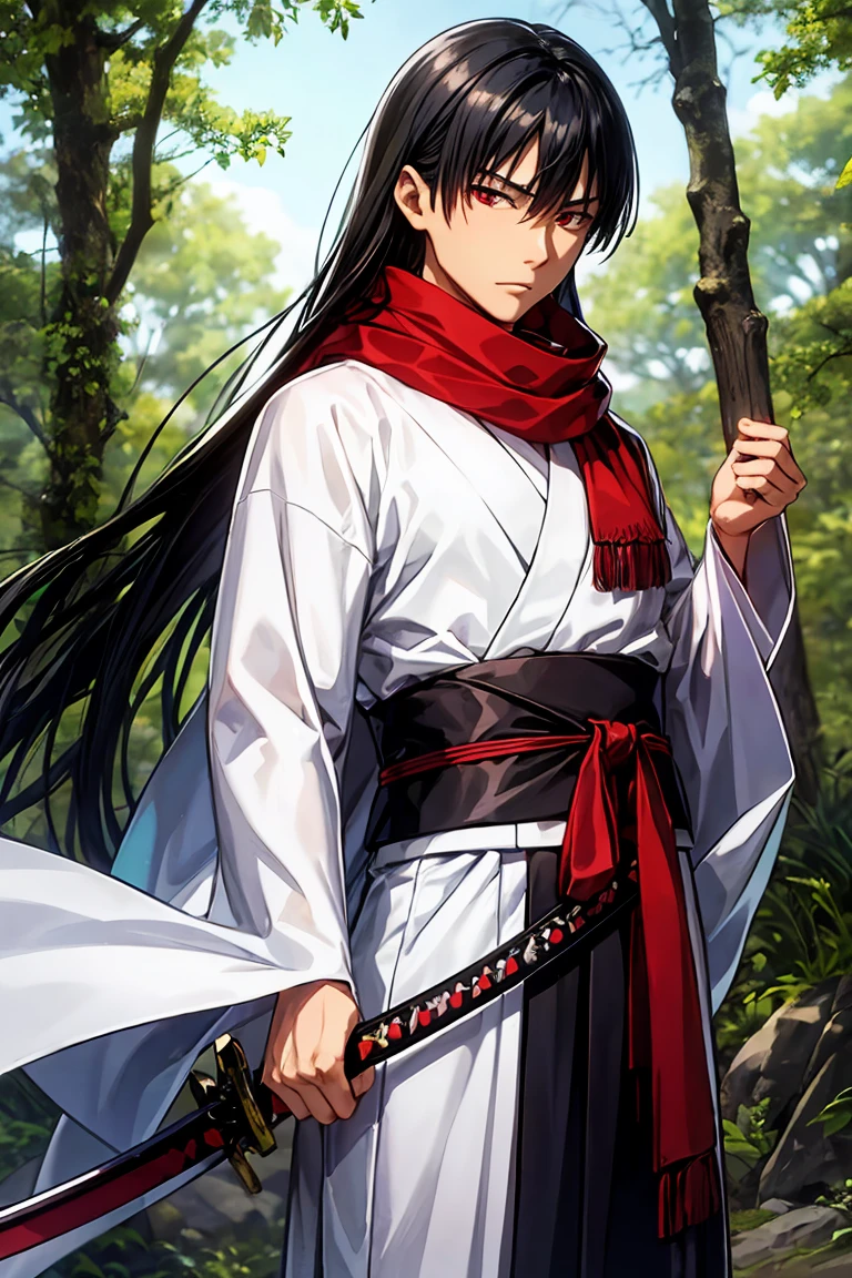 Asian man z wears a white kimono, a red scarf, two katanas and several blades around a strap, black hair, red eyes, long hair, thin man, Medieval forest background, the trees are frozen.