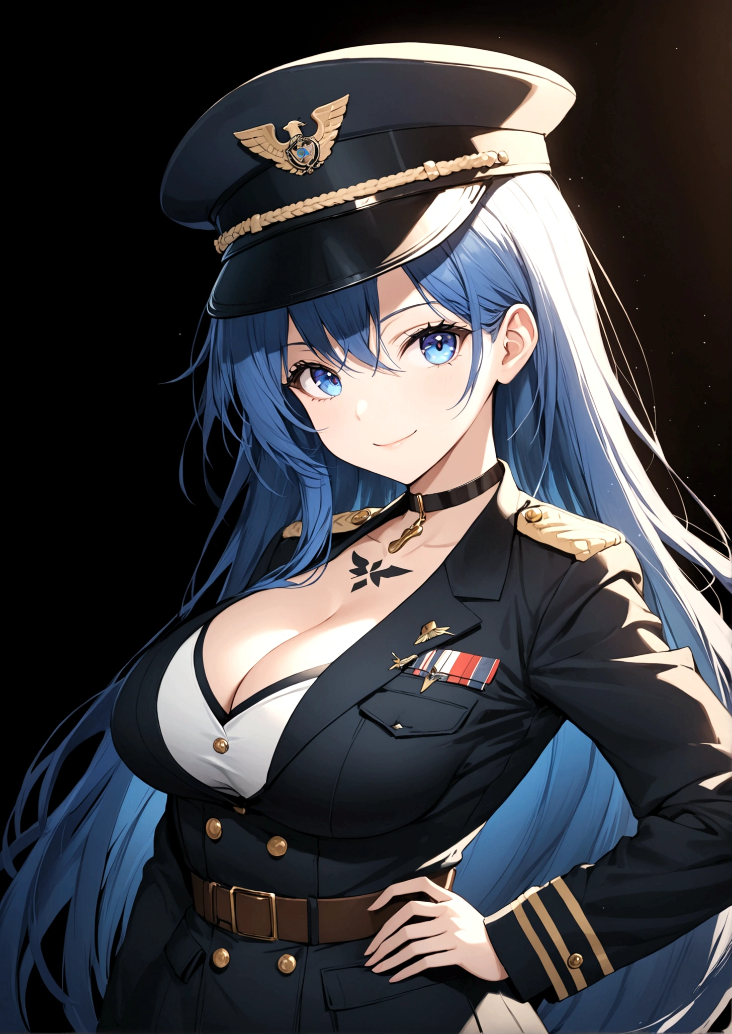 1girl, solo, long hair, breasts, looking at viewer, smile, blue eyes, large breasts, hat, cleavage, very long hair, blue hair, choker, uniform, hand on hip, military, military uniform, tattoo, black background, peaked cap