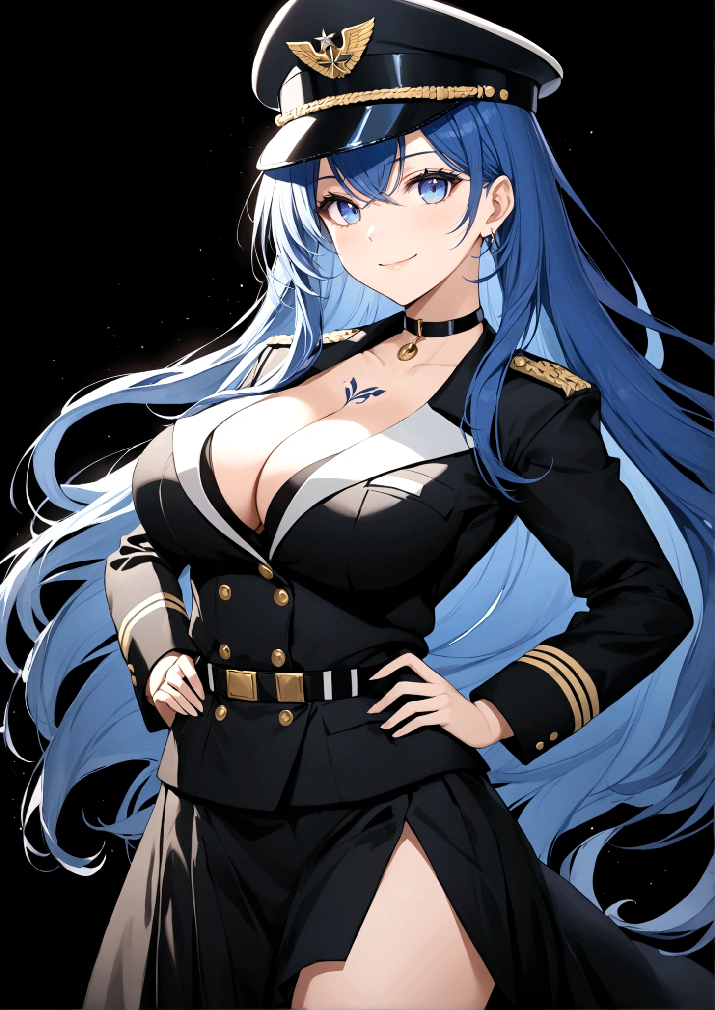 1girl, solo, long hair, breasts, looking at viewer, smile, blue eyes, large breasts, hat, cleavage, very long hair, blue hair, choker, uniform, hand on hip, military, military uniform, tattoo, black background, peaked cap