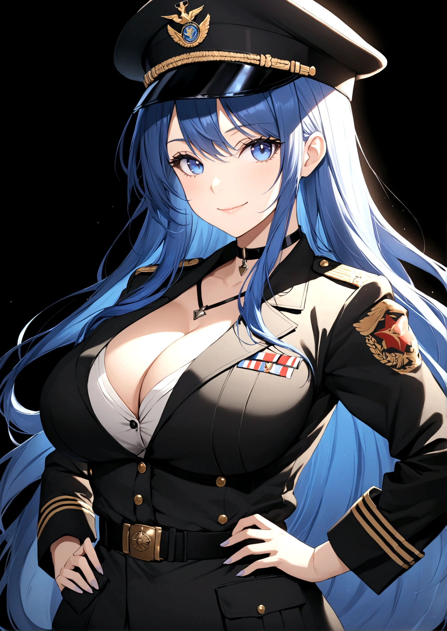1girl, solo, long hair, breasts, looking at viewer, smile, blue eyes, large breasts, hat, cleavage, very long hair, blue hair, choker, uniform, hand on hip, military, military uniform, tattoo, black background, peaked cap