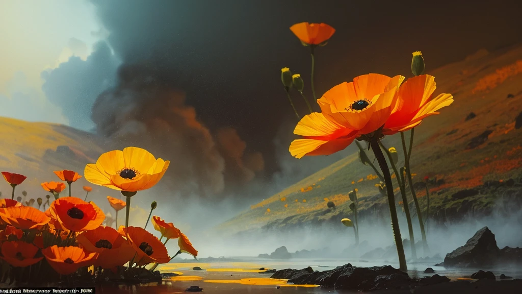32k, Masterpiece, Highest quality, One girl, Detailed eyes, flower,Iceland Poppy, Orange and yellow style,A dreamy, romantic piece,Pale yellow, Mysterious Leaves,A playful arrangement,Fantasy,High Contrast,Ink strokes,explosion,Exposure, Impression of orange and yellow tones,Abstract,((Watercolours by John Berkey and Jeremy Mann )) Brush strokes,Negative Space, Tyndall effect,