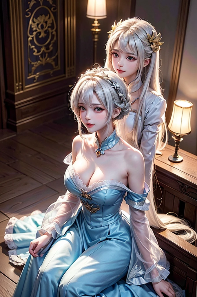 (Image above the chest)((masterpiece:1.5,Highest quality,Highly detailed images,Beautiful images、Realistic、Photorealistic、2.5D))(1girl, 独奏)(Adult women、large breasts, white hair, beautiful eyes、Beautiful cleavage)(Fantasy dresses、Fantasy Clothes、Black battle dress、black dress:1.5, Deep slit)(smile, wind, floating hair、walk)(bright、Soft lighting、Inside the castle、The King's Chamber)