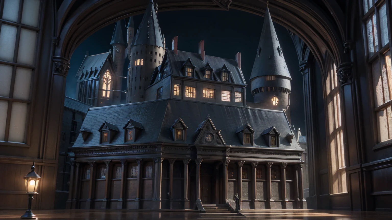full front view of harry potter school, harry potter school,