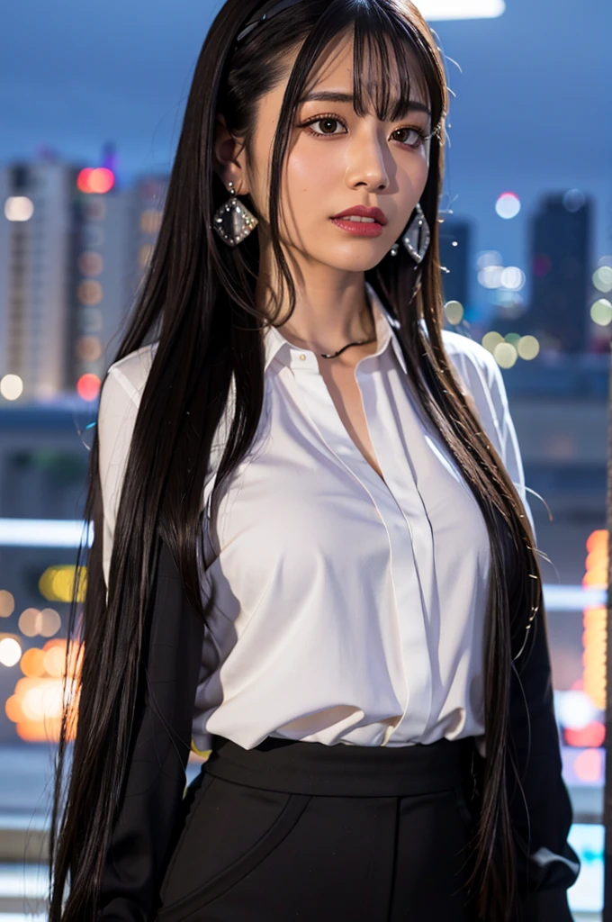 Nikon RAW photo,8 k,Fujifilm XT3,masterpiece, best quality, realistic, photorealistic,ultra detailed,1girl,solo,
close up portrait,
diamond stud earrings, long straight black hair, hazel eyes, serious expression, black blazer ,white shirt, white blouse, standing against a city skyline at night ,
saika1,
