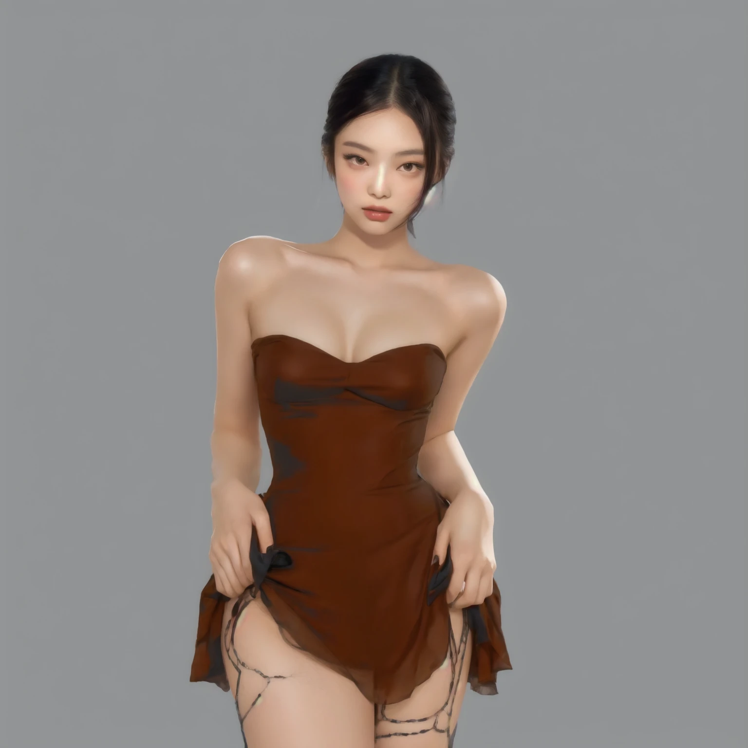 There is a woman in a brown dress posing for a photo, digital art of an elegant, deviantart art station cgscosiety, sexy dress, [ Artedigital 4K ]!!, succubus in short tight dress, photorealistic perfect body, chica sexy, slim girl model photo, korean female fashion model, trend on cgstation, Jennie Kim from black pink, detailed face, high quality 