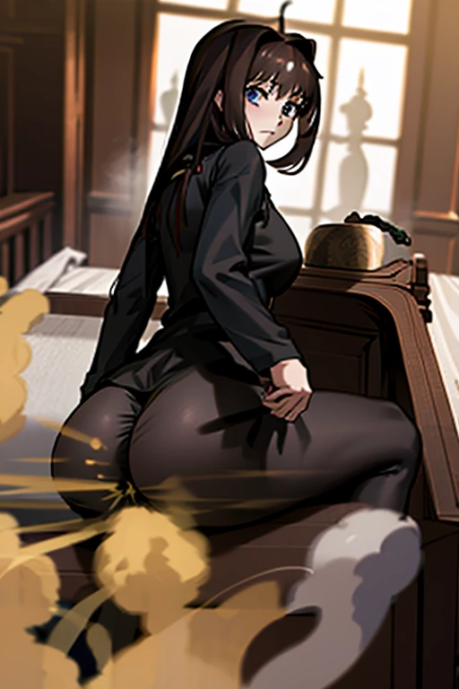 masterpiece, 最高masterpiece, High Resolution, One girl, pooping, right, long hair, brown hair, black shirt, red dress, long sleeves, black pantyhose, Aozaki Aoko, farting, Ass, hyper Ass, huge Ass,