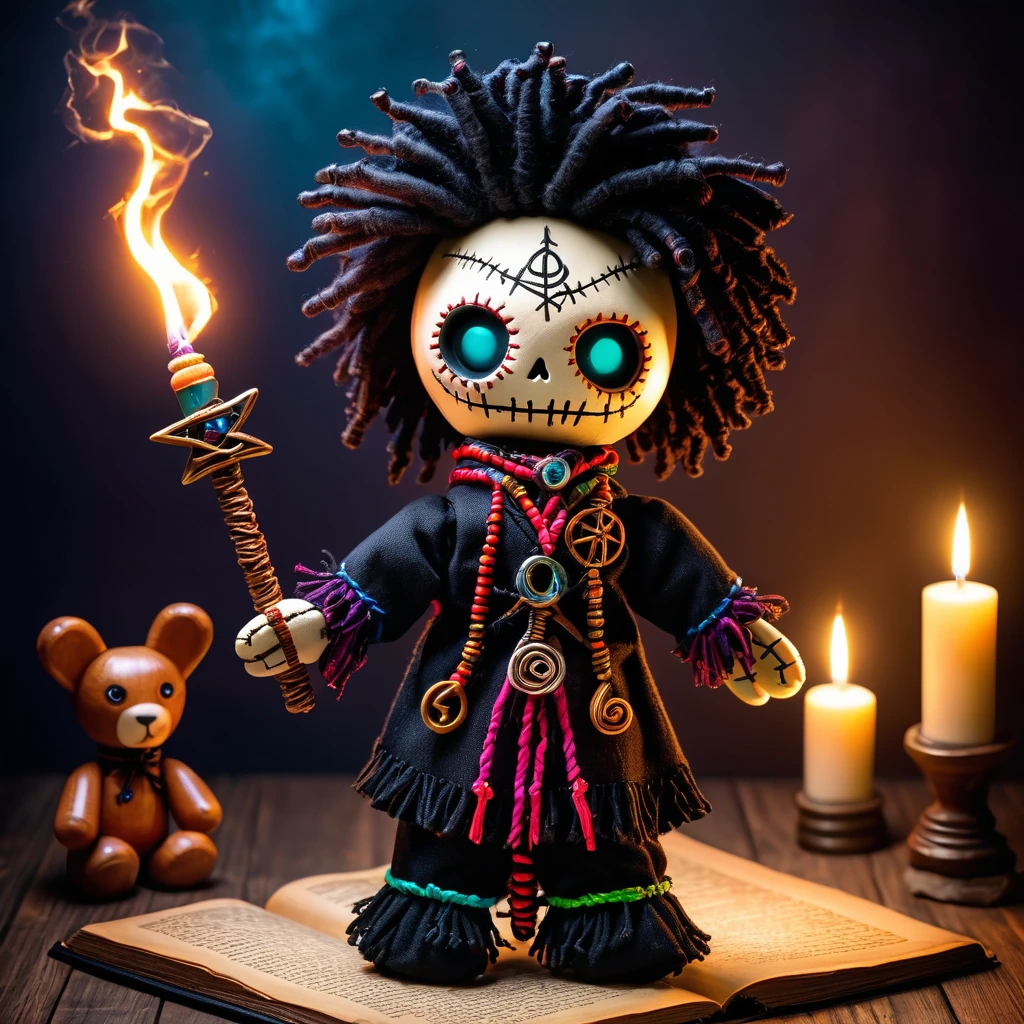 (knitted toy voodoo doll:1.7), (Voodoo Mystical Sorcerer:1.8), (Clothing: enchanted robes with mystical runes:1.0), (Accessories: magical staff, enchanted amulet, glowing spellbook:1.2), (Background: arcane circle with glowing symbols and floating spell elements:1.2), (full body:1.0), best quality, masterpiece, detailed soft oil painting, detailed background, dramatic cinematic lighting, soft edge lighting, professional, dramatic lighting, hard edge lighting, ultra quality, 4k, masterpiece, best quality, 8k, ultra high definition, high resolution, extremely detailed