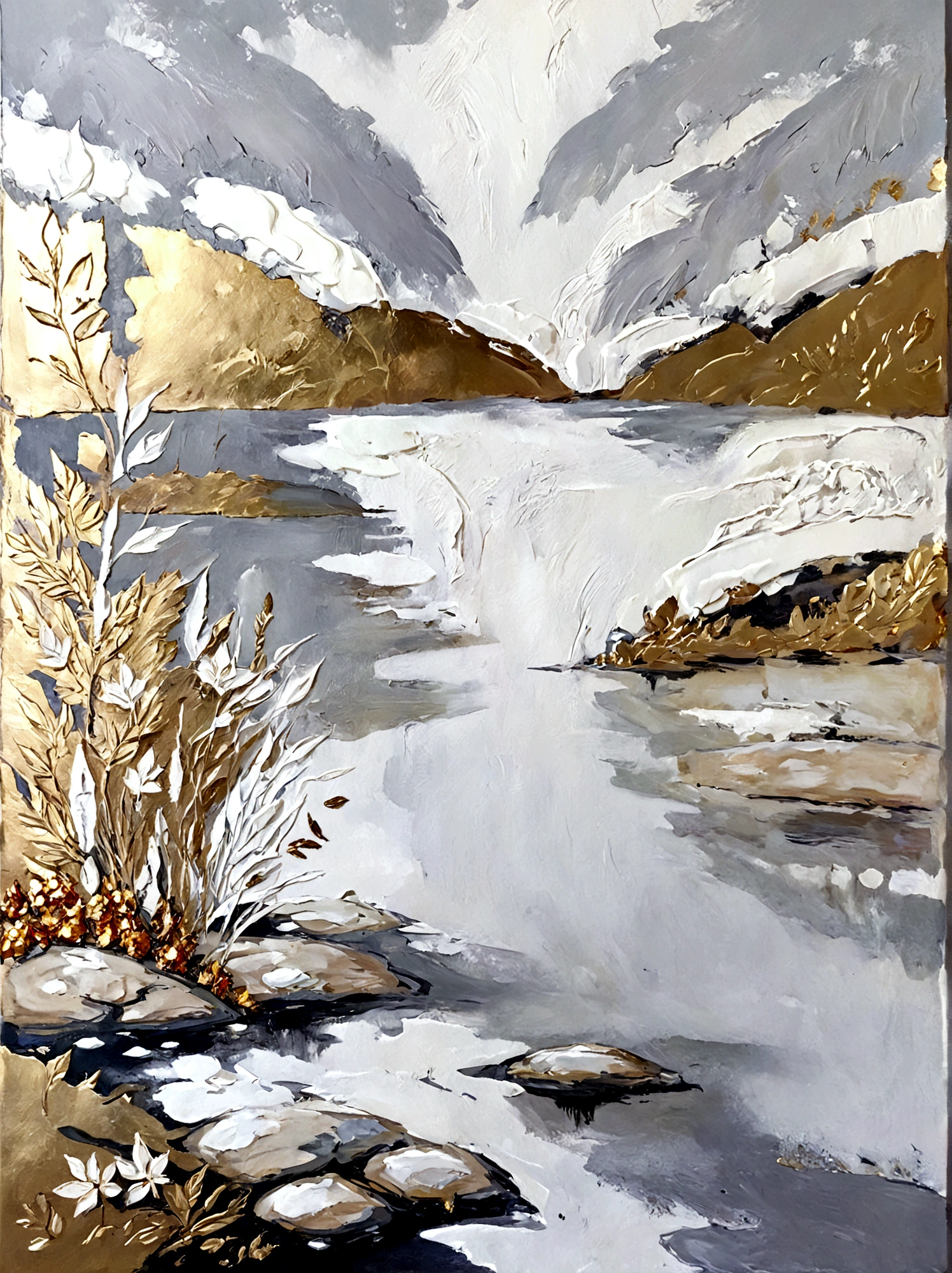 Fall,stream,lake,Gold Leaf,vanilla,bright,White background,real,emotion,Thick textured paint,