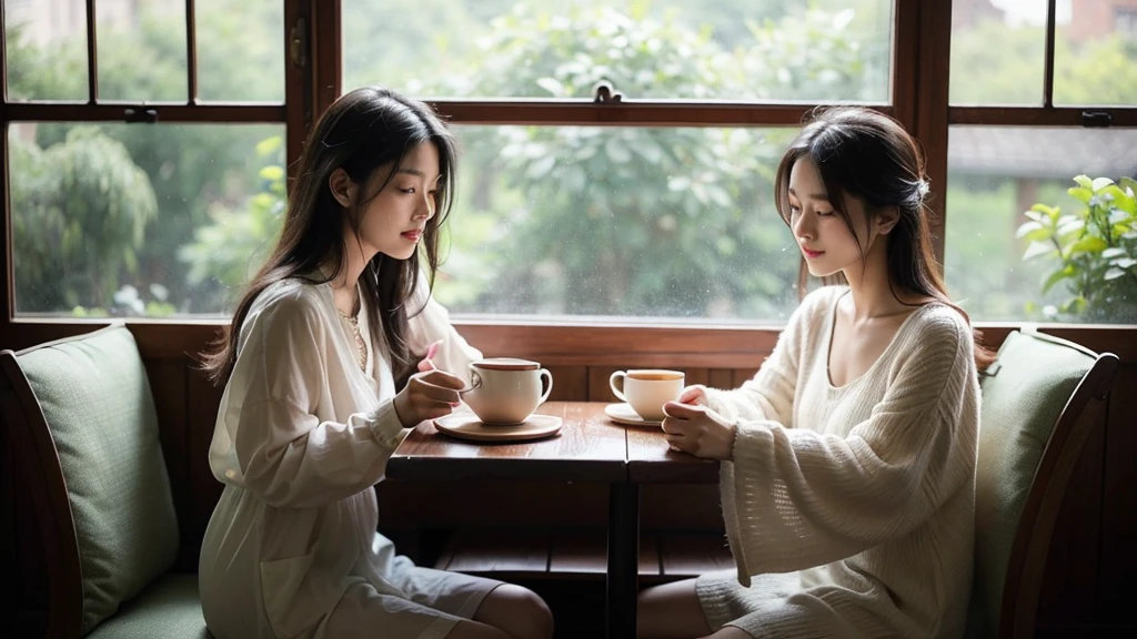 In the painting, a girl with long, lustrous black hair is sitting and drinking tea. She sits beside a small wooden table, on which there is a delicate tea set. Gentle sunlight streams through the window, casting soft rays on her graceful face. Her eyes gaze into the distance, and her lips form a slight smile, creating a peaceful and serene scene. The green leaves rustling outside the window add a touch of freshness to the space. Everything in the painting exudes stillness and tranquility, like a moment paused amid the hustle and bustle of life.