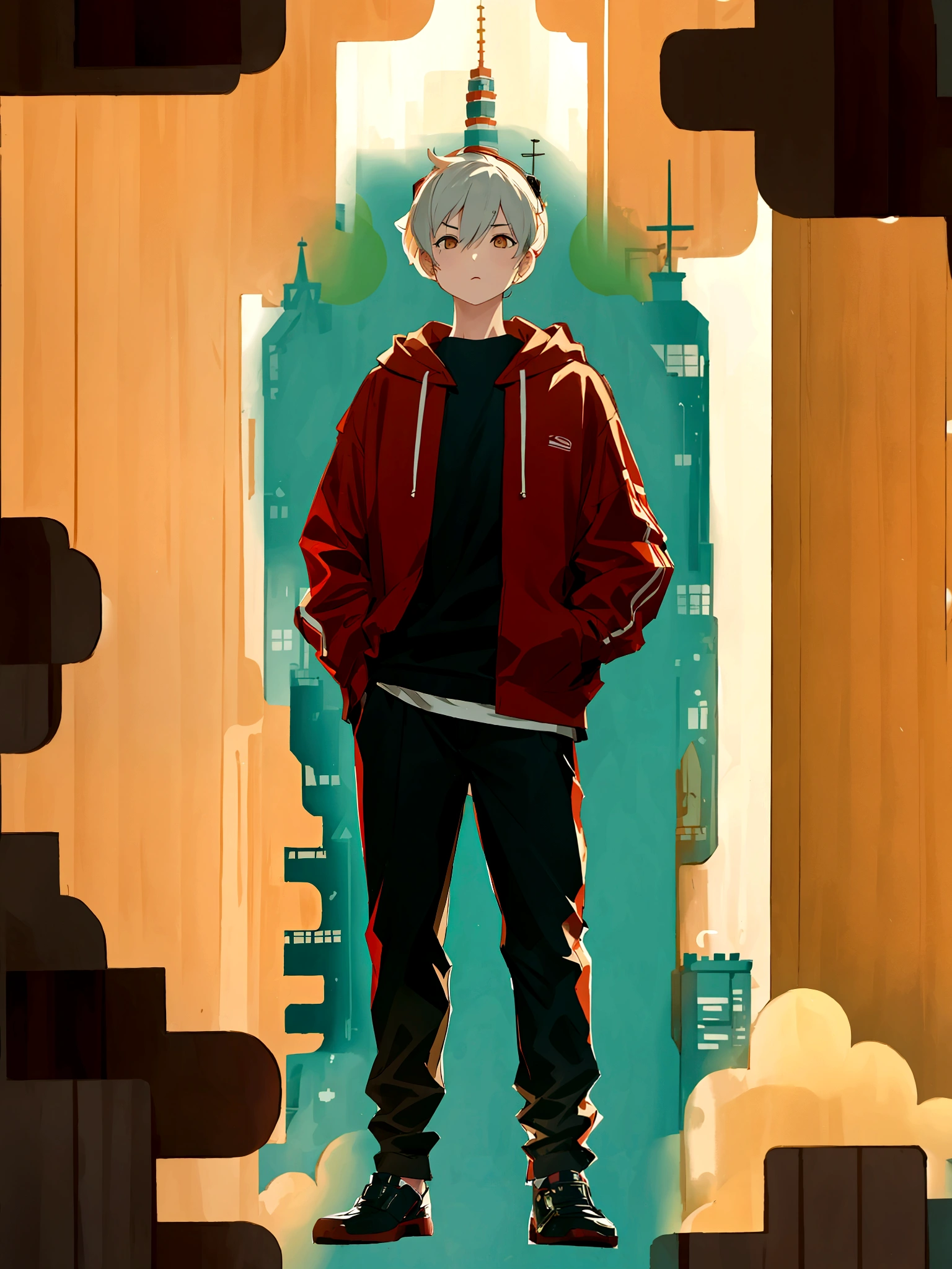 A front of a young man with short white hair, red eyes, masculine face. Wearing a black hoodie with gray details. He is standing, looking to the side. On a center of a city. Dungeons and Dragons art direction, studio ghibli Style