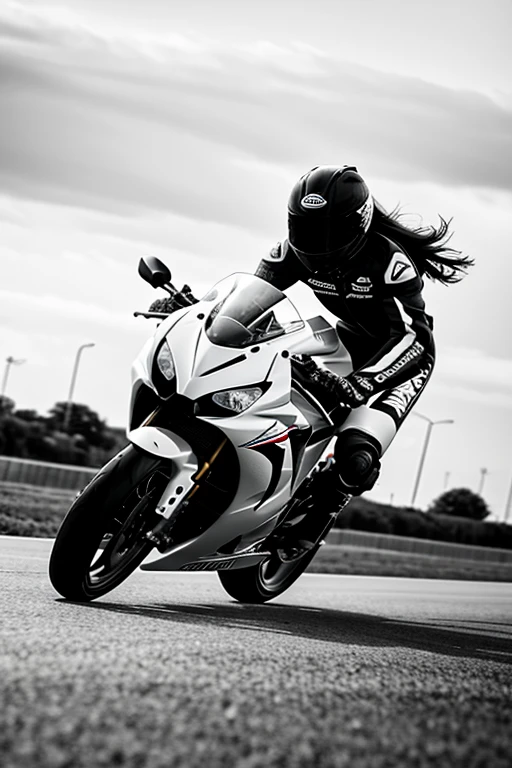 Arafed woman riding a motorcycle on a track black and white silhouette racing honda cbr long hair in wind