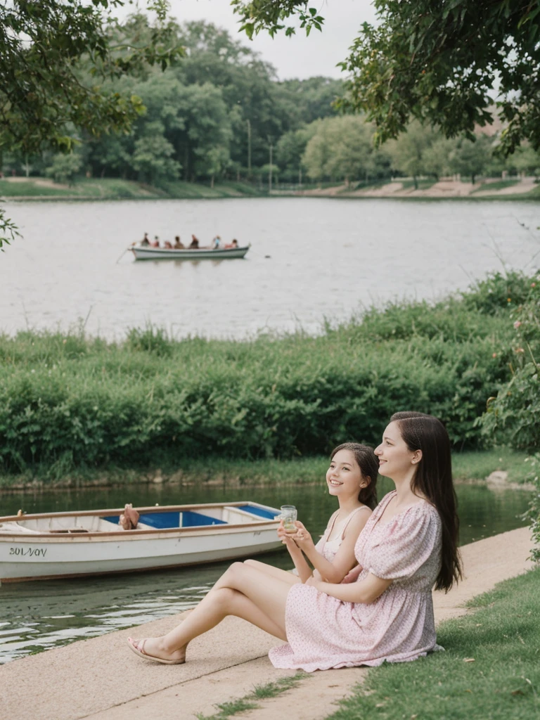 her name is Elle, high quality, 1girl, ((20-year-old fit Caucasian woman)), ((20 years old)), ((fit)), ((pale skin)), short length straight dark hair , wearing Pastel Mint Polka Dot Sundress, pose: sitting on a chair, background: Capture the serene beauty of a lakeside park in a European city, with people strolling along the paths, boats gently gliding on the water, and families enjoying picnics on the grass
